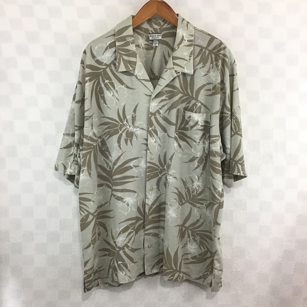 Bugle Boy Mens XXL Tan Palm Leaf Floral Hawaiian Shirt Short Sleeve Pique Knit